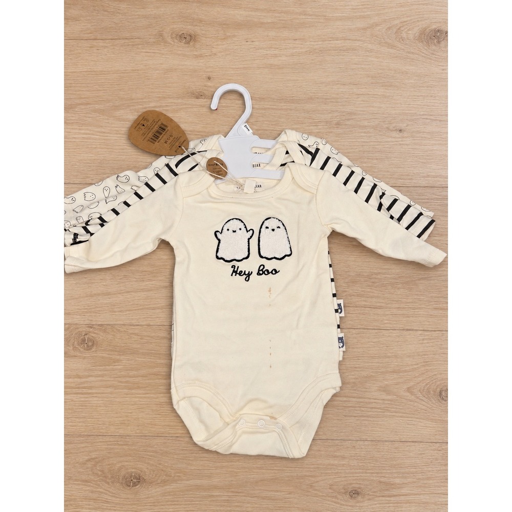 Rabbit Bear Organic Ghost Bodysuit Set 3 Pack 0-3M Halloween Hey Boo Striped